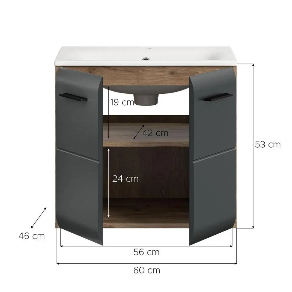 Hioshop Ice wastafel inclusief was 2 deuren zwart mat- eiken decor