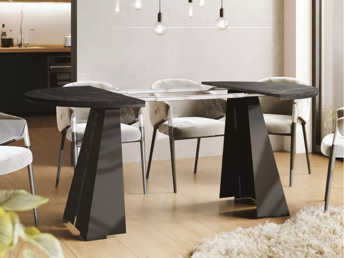 Table à Manger Ronde Extensible Avec Piètement Métallique Noir - Table Industrielle Moderne Pour Salle à Manger Ou Cuisine - 100 Cm à 180 Cm - Fabriqué En Ue - Marb