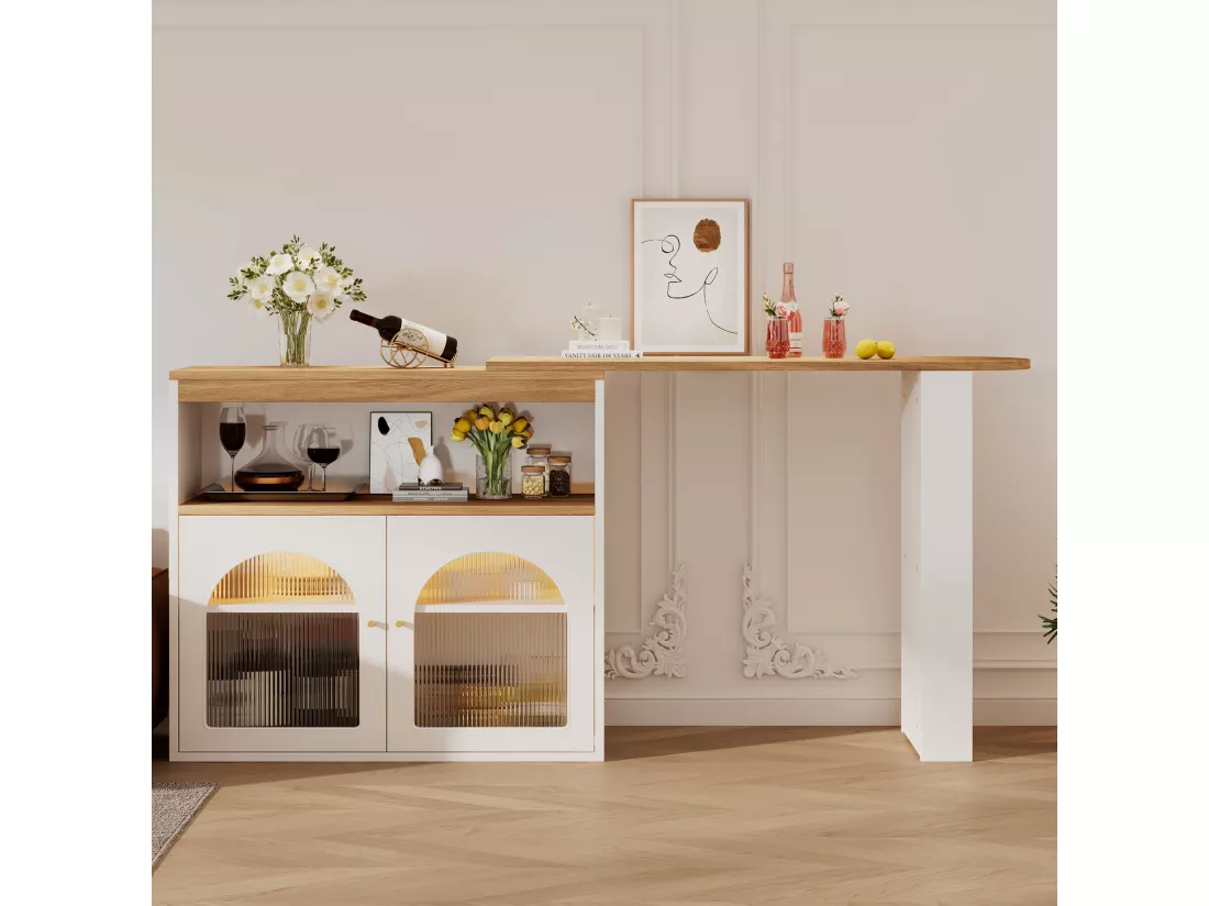 Meuble de bar pivotant - 2 portes, 3 étagères de rangement & niche - MDF plateau effet bois - LEDs - Naturel et blanc