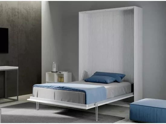 Lit escamotable vertical frêne blanc et porte bleu kanto 120x190
