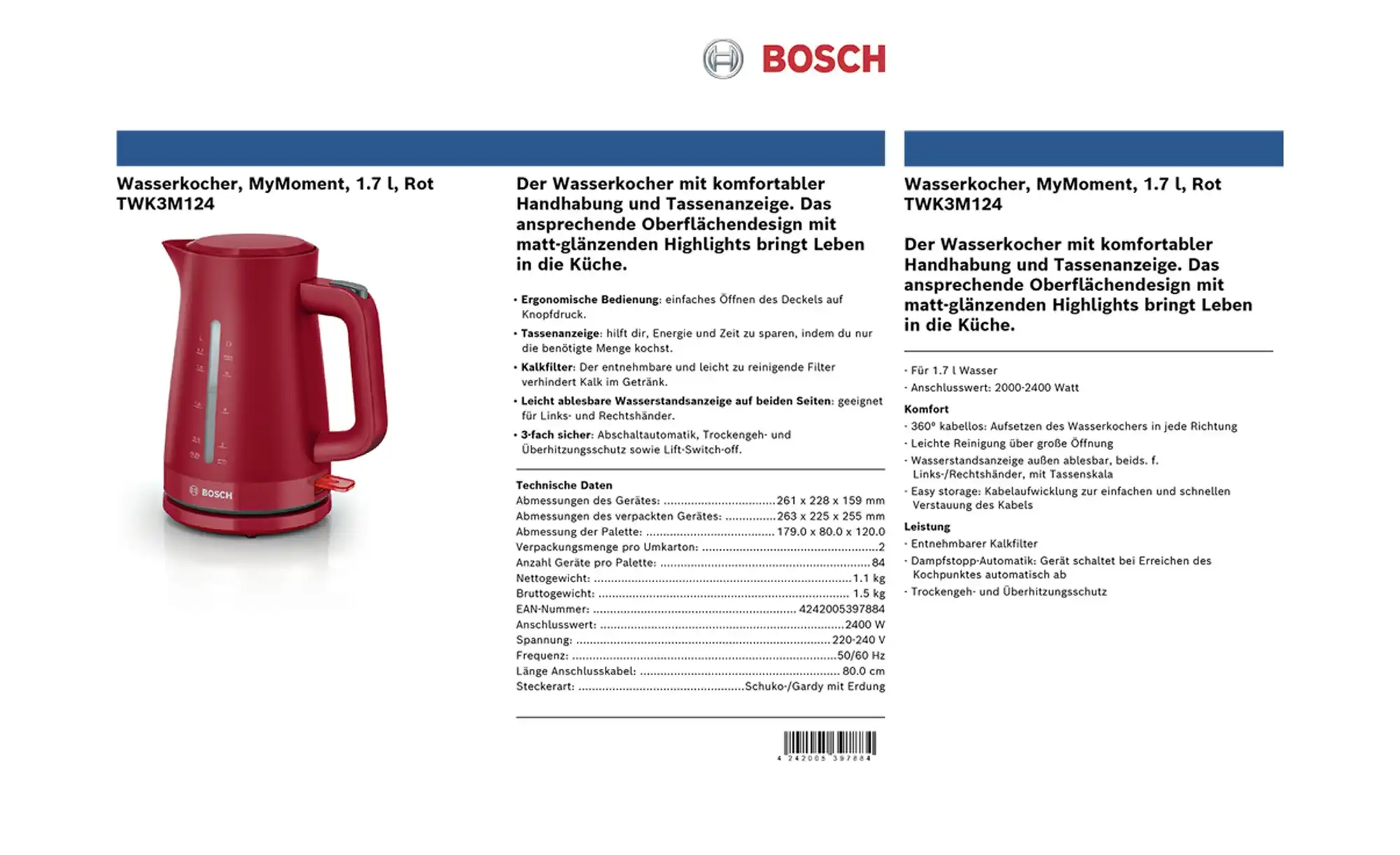 BOSCH Wasserkocher TWK3M124