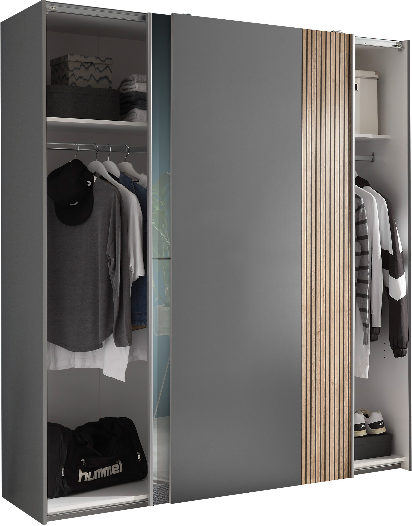 Schlafkontor Schwebetürenschrank »Berno Kleiderschrank mit Schiebetüren und Spiegelfront« Rillenoptik & Graphitabsetzung