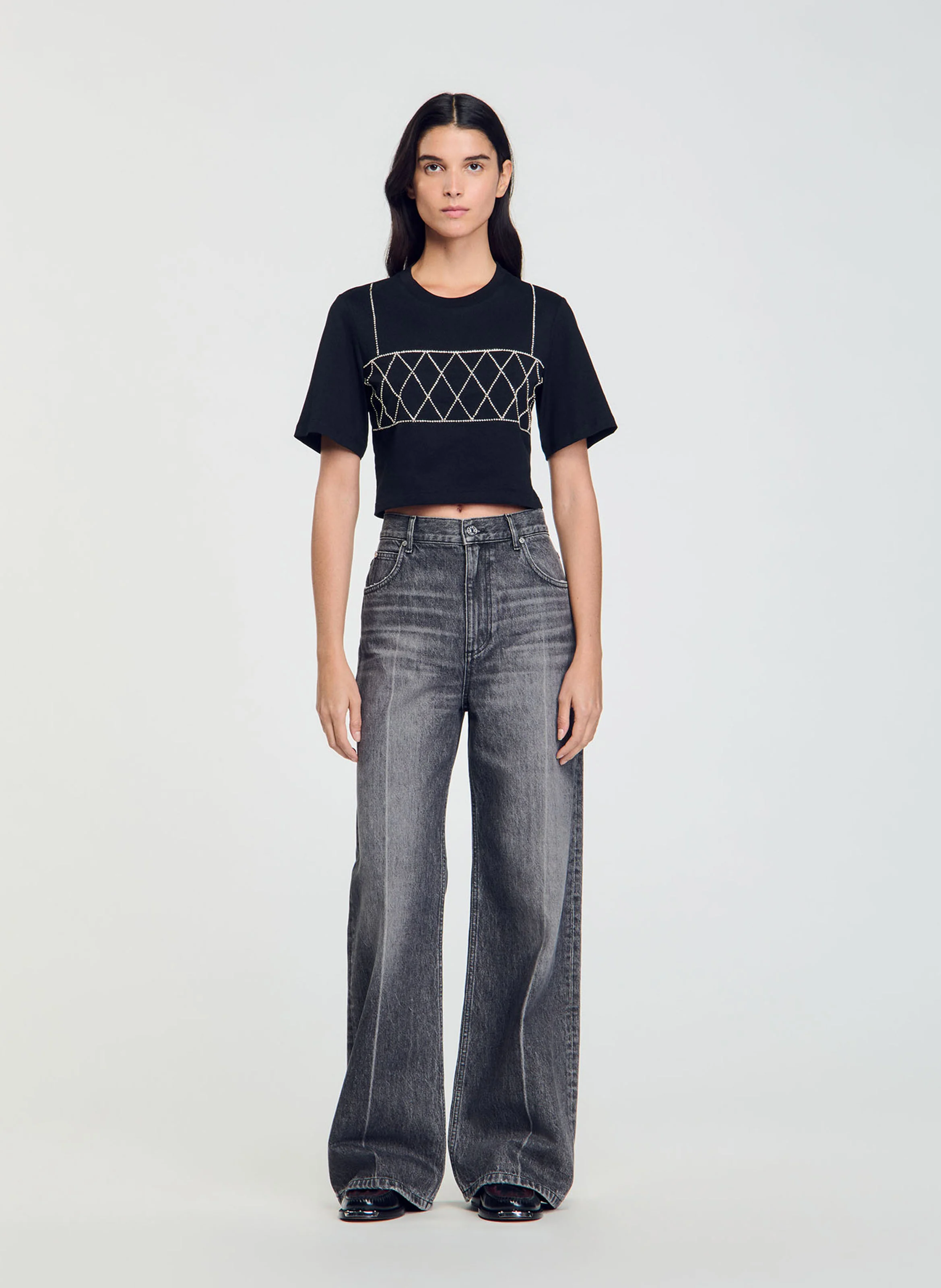 Tee-shirt court en coton strassé | Noir