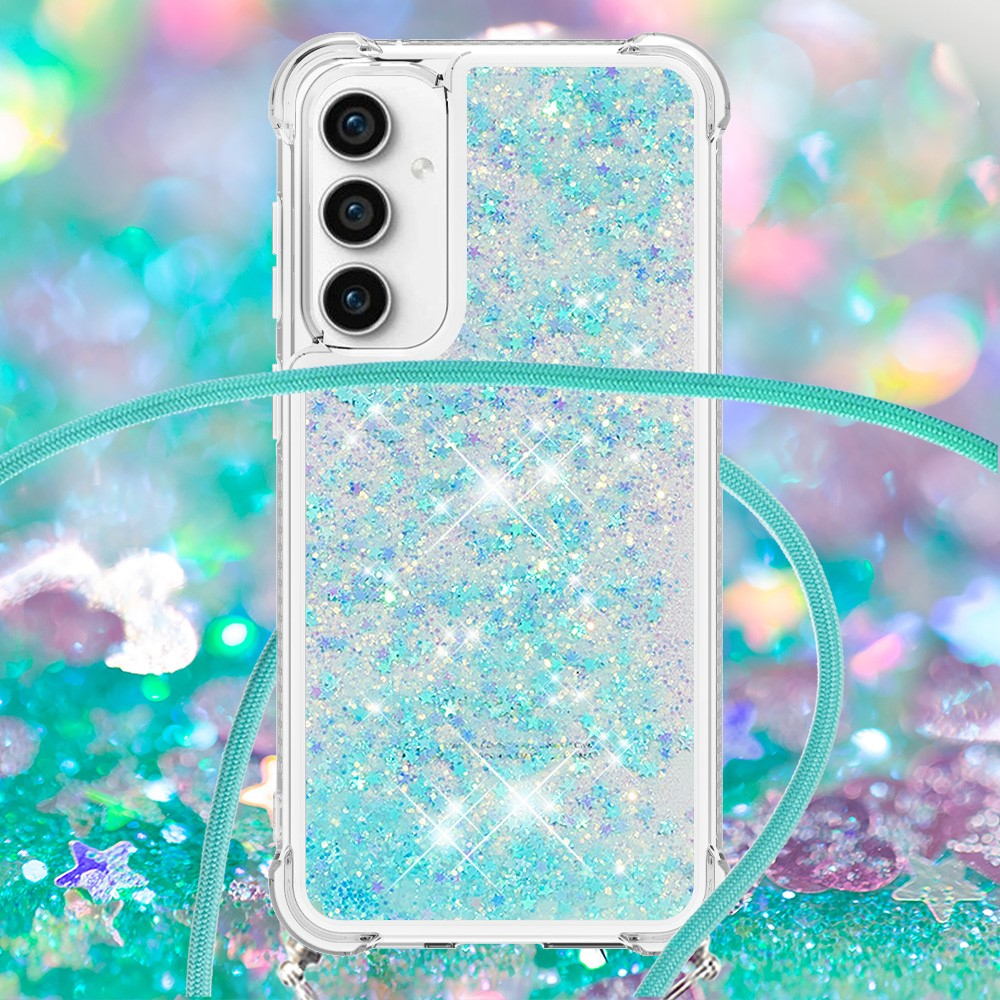 Samsung Galaxy S23 FE Necklace Gummi Hülle Liquid Glitzer   Handykette (130cm) - Hellblau / Silber
