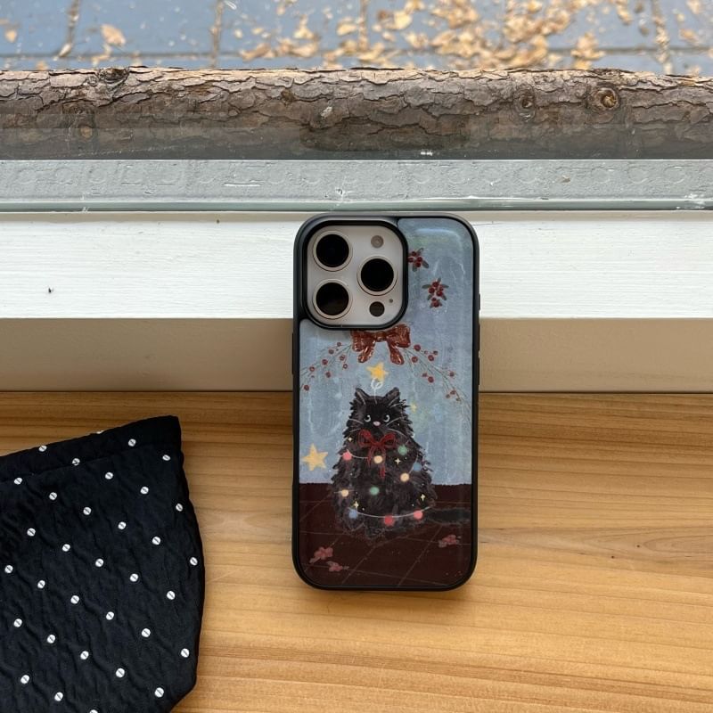 Fonekase - Kerstmis Kat Kunstleren Telefoonhoesje - iPhone 16 Pro Max / 16 Pro / 16 Plus / 16 / 15 Pro Max / 15 Pro / 15 Plus / 15 / 14 Pro Max / 14 Pro / 14 Plus / 14 / 13 Pro Max / 13 Pro / 13 / 13 Mini