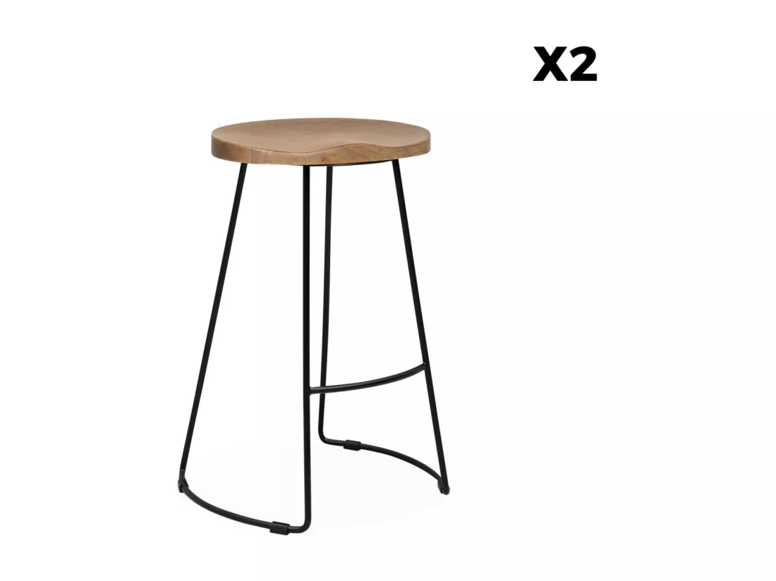 Lot de 2 tabourets de bars bois de manguier naturel et acier. avec repose pieds. 65cm