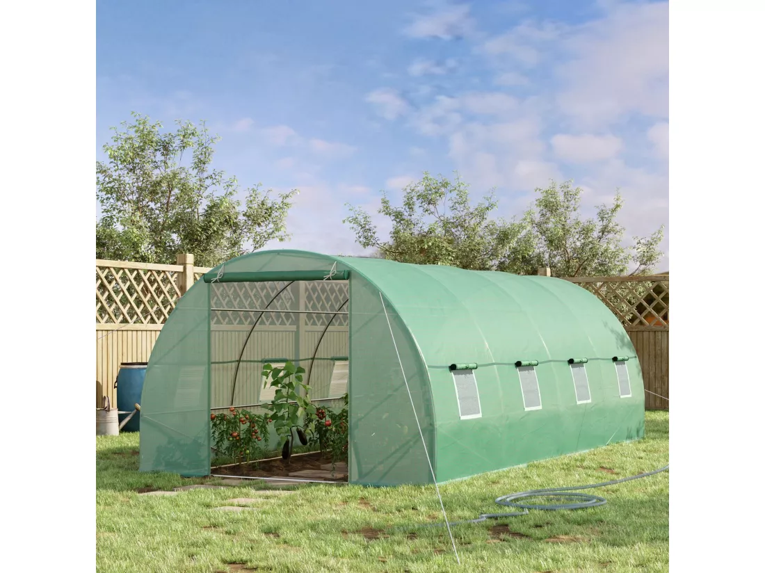 Serre de jardin tunnel 5,9L x 3l x 2H m châssis tubulaire acier galvanisé renforcé 2,5 cm 8 fenêtres 1 porte vert