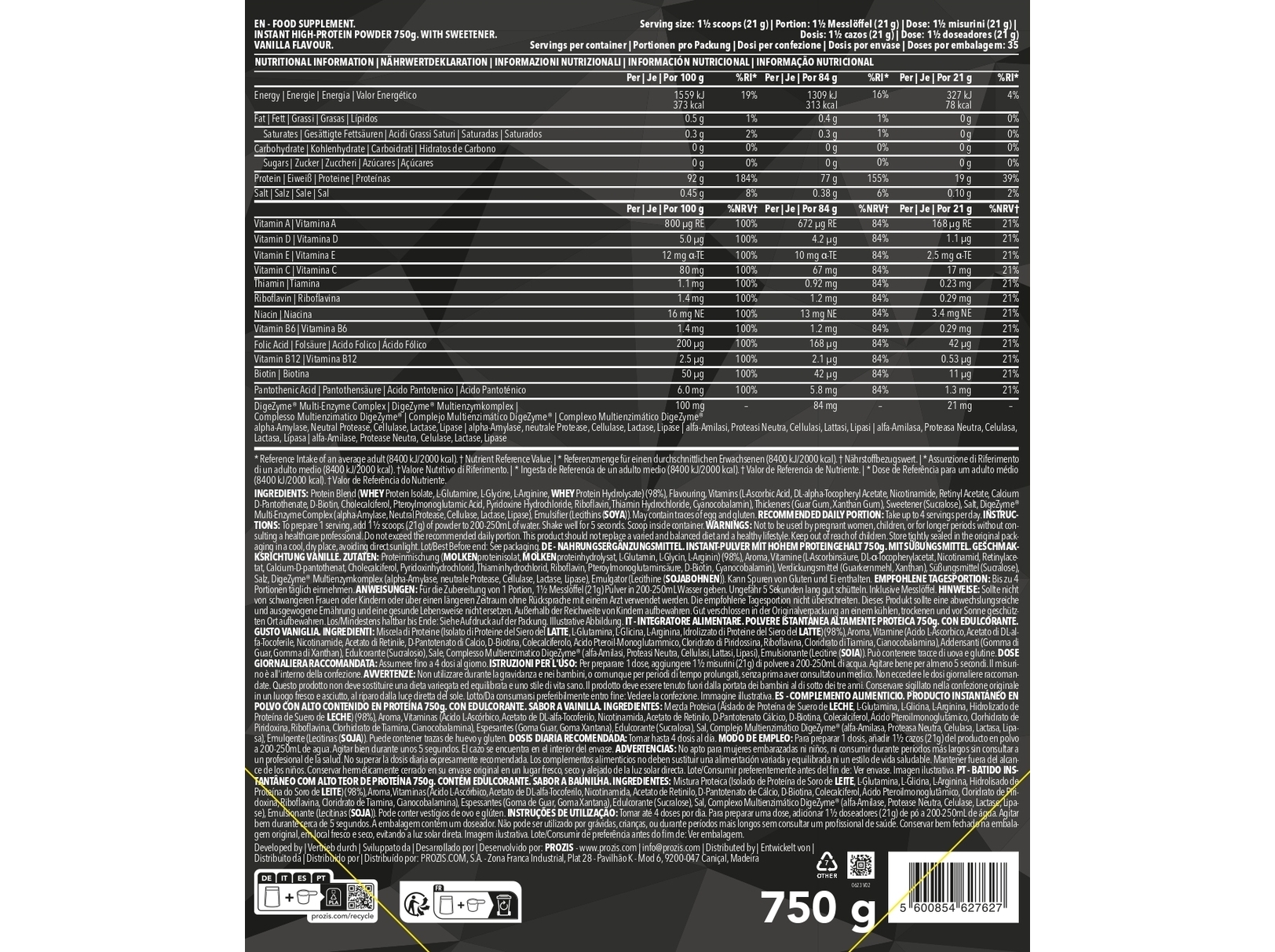 PROTEÍNA PROZIS ZERO DIET WHEY BAUNILHA 750G