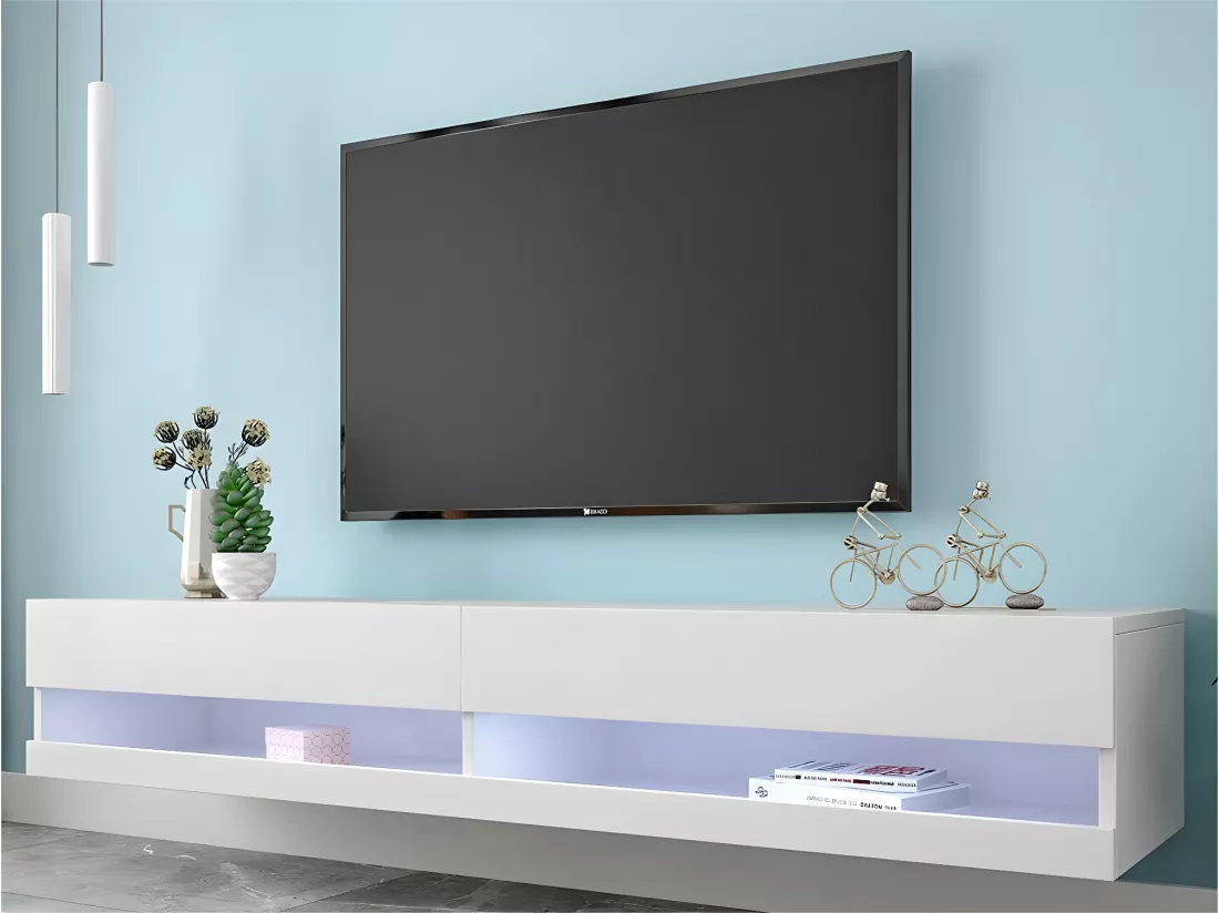 Banc TV suspendu 140 cm avec LED - Blanc