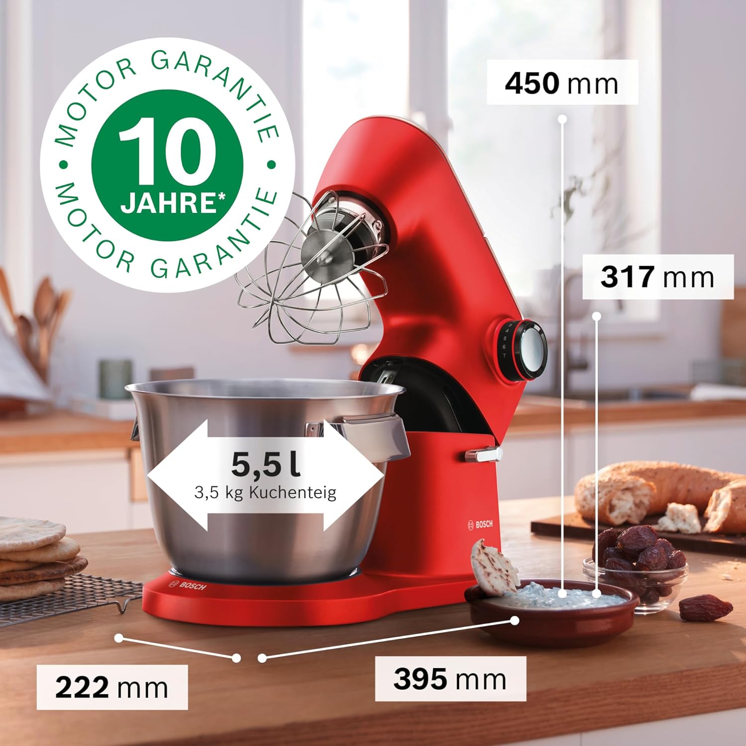Bosch Küchenmaschine OptiMUM, Edelstahl-Schüssel 5,5 L, spülmaschinenfest, Planetenrührwerk, Profi-Knethaken, Schnee-, Silikonbesen, 7 Arbeitsstufen, 1600 W, Rot/Silber, MUM9A66R00