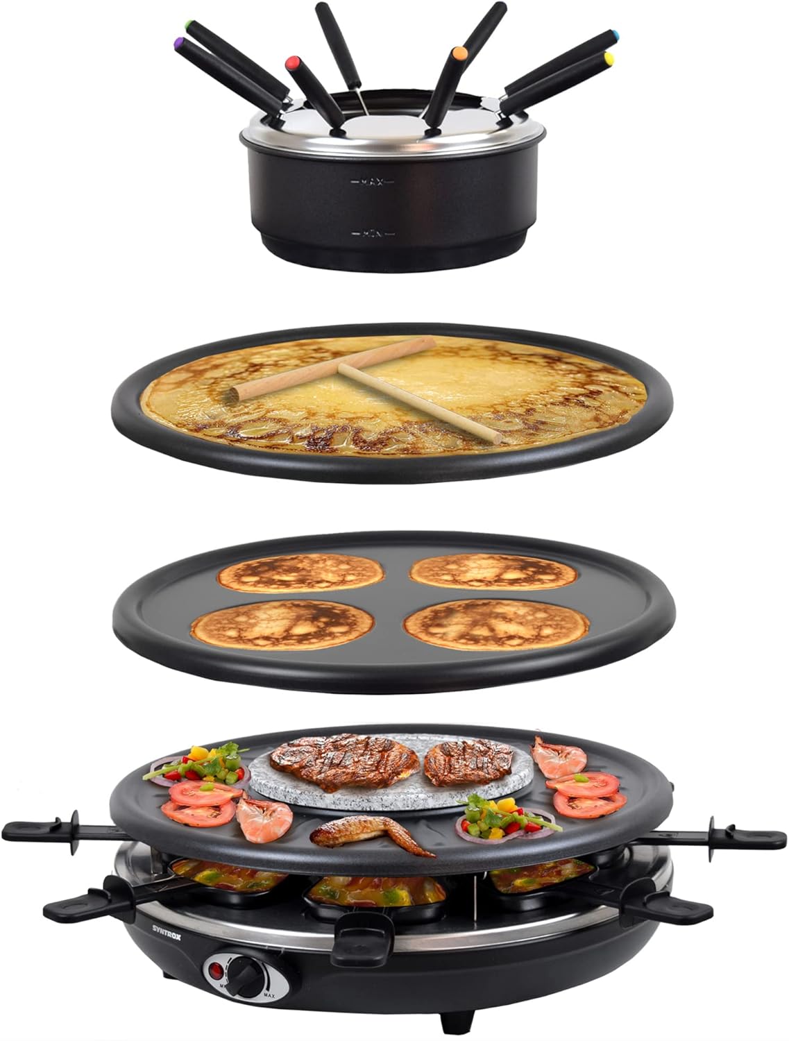Syntrox Germany 4in1 Raclette mit Fondue für 8 Personen, Tischgrill mit heißem Stein, Pancake- und Crepesplatte, 8 Pfännchen, 1350 W, antihaftbeschichtet, schwarz