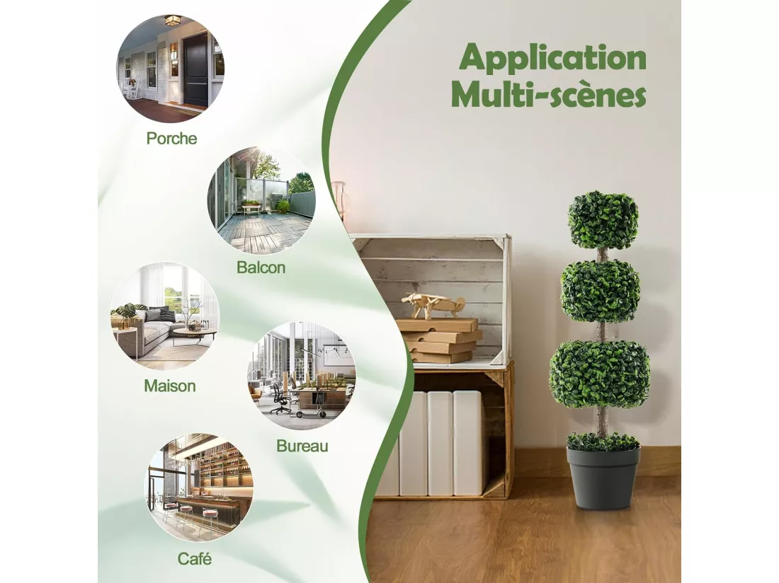 Arbre Topiaire en Buis Artificiel 75 cm de Forme Triple Carrée, Fausse Plante de Buis avec Pot en Plastique Rempli de Ciment, pour Décoration de Maison Bureau Jardin et Entrée
