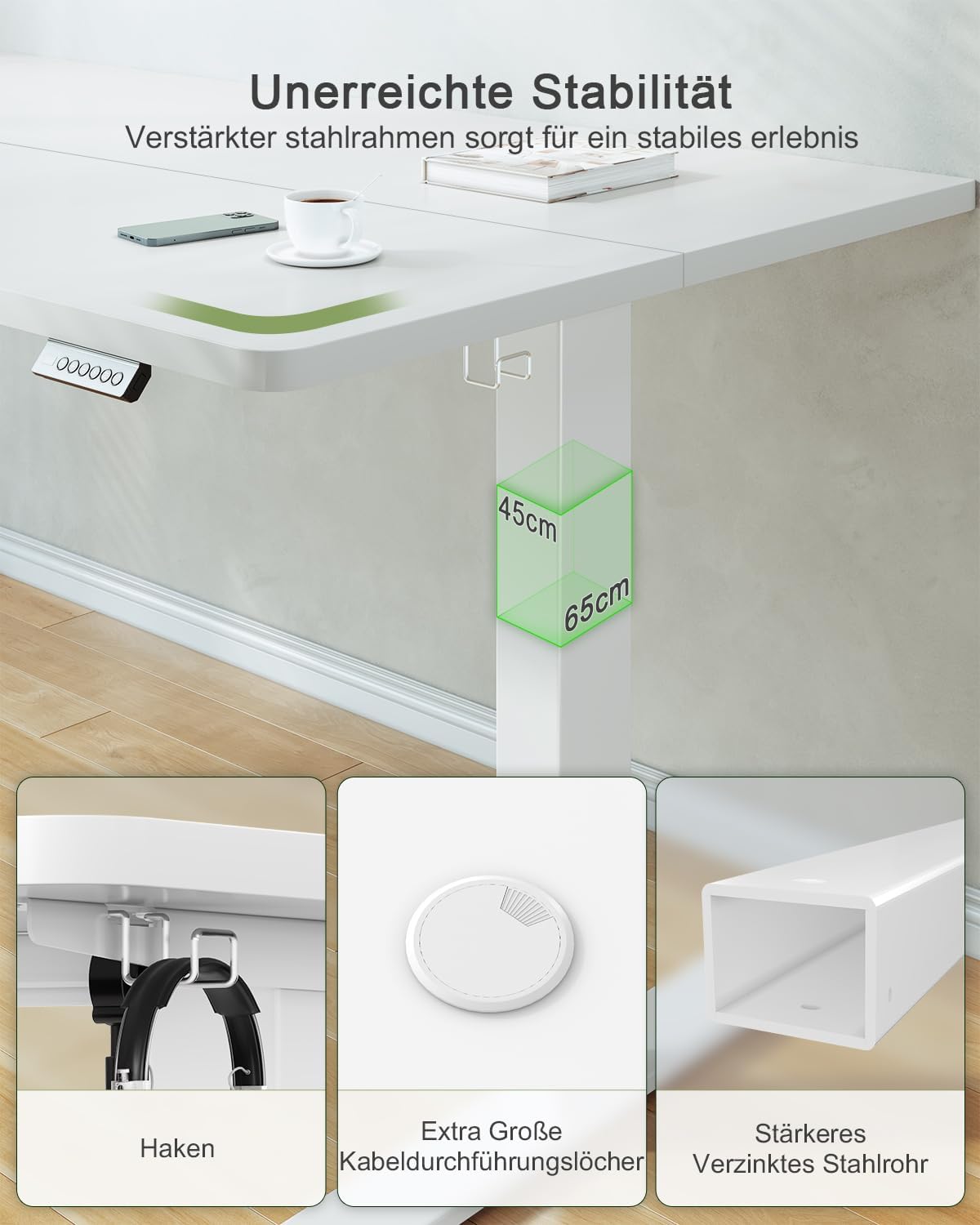 JUMMICO Höhenverstellbarer Schreibtisch mit USB-Ladeanschluss 100 x 60 cm, Schreibtisch Höhenverstellbar Elektrisch, Steh-Sitz Tisch Stehpult Verstellbarer Computertisch,Standing Desk,Weiß