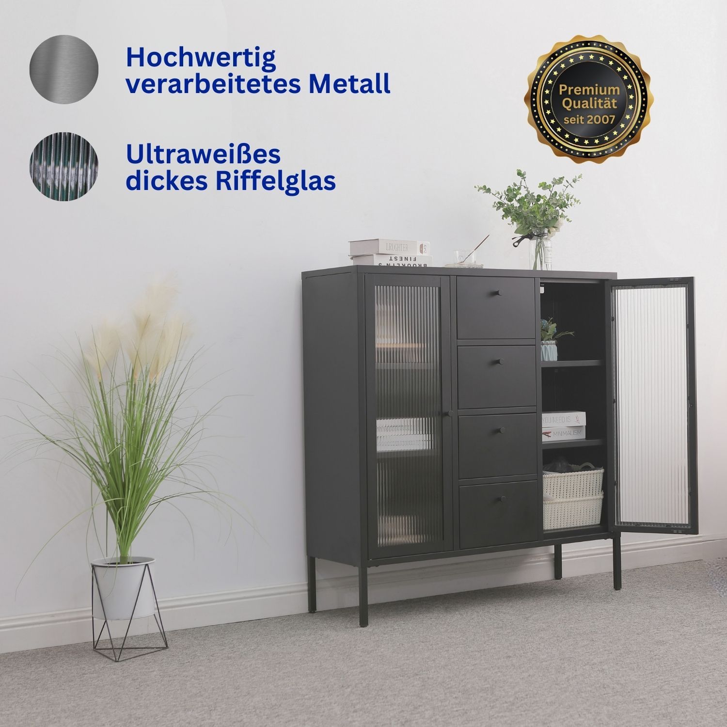 Mein-Regal Highboard Paris 105x35x110cm Metall 4 Schubladen Glastüren schwarz