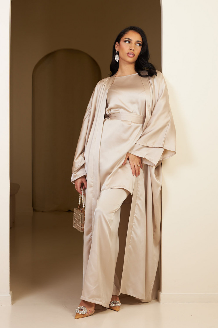 Ensemble 3 pièces blouse + pantalon + gilet + ceinture beige