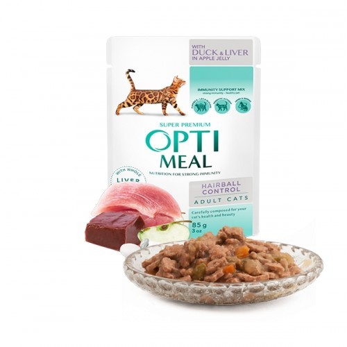Ração úmida para gatos com controle de bolas de pelo, sabor pato.