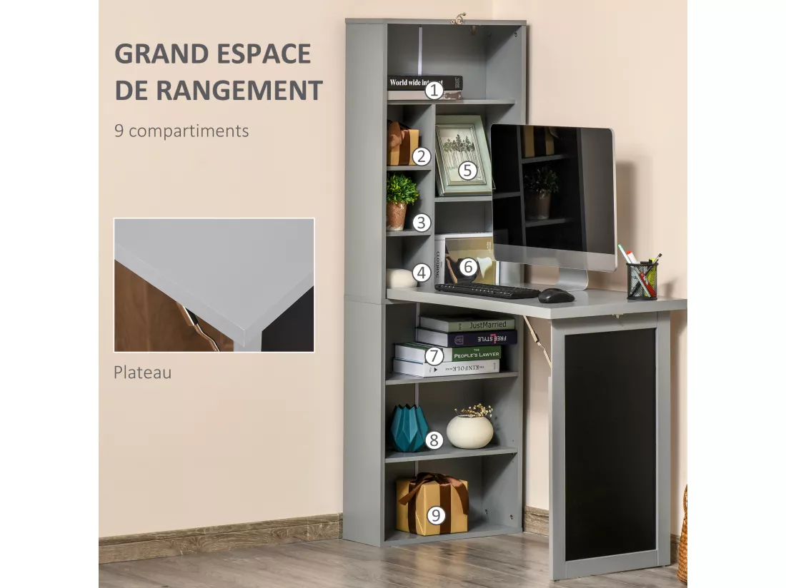 Bureau mural pliable table murale rabattable suspendue sur pied avec bibliothèque tableau à craie intégré panneaux particules gris