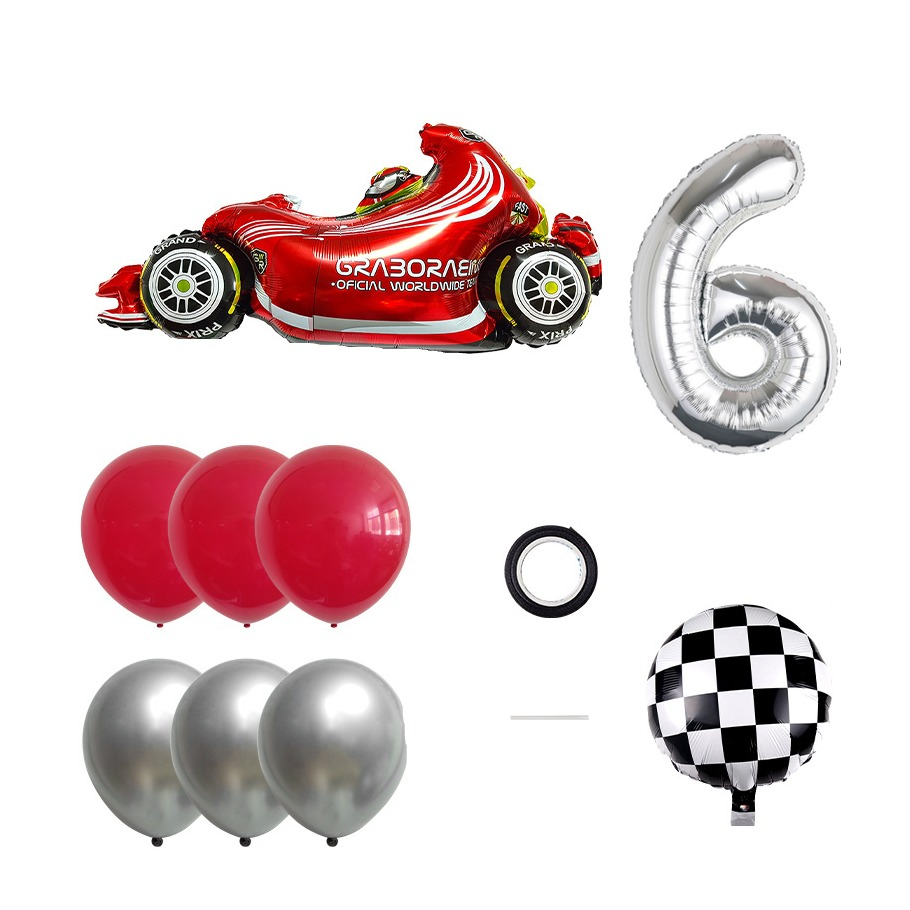 (10-tlg. Set) Zahlen Ballon Kinder Geburtstags Party Folienballon inkl. Latex Luftballon - Zahl 6 / Rennauto