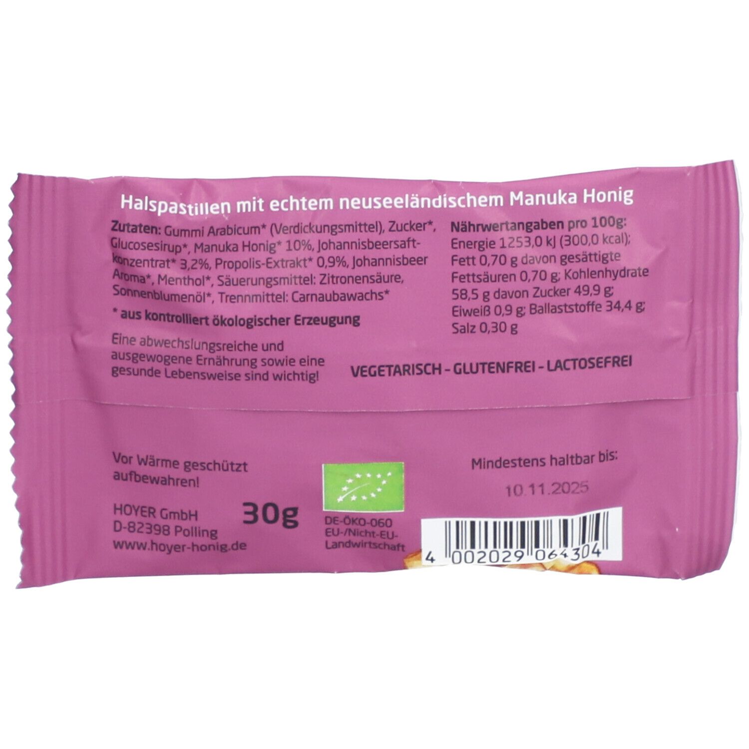 HOYER MANUKA HONIG Halspastillen Cassis