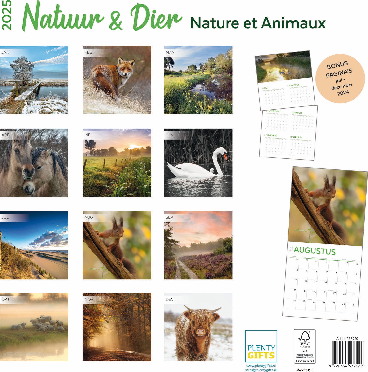 Plenty Gifts kalender natuur en dier 30 x 30 x 0,5 cm