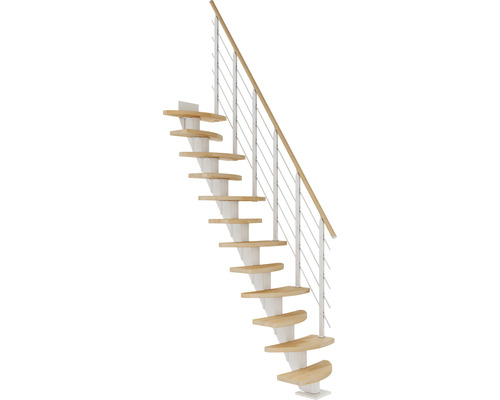 Pertura Aris Witte trap met middenliggers, variabel, kwartslag, links/rechts onder, recht, 64 cm, leuning van geolied beukenhout, 10 treden / 11 stootborden