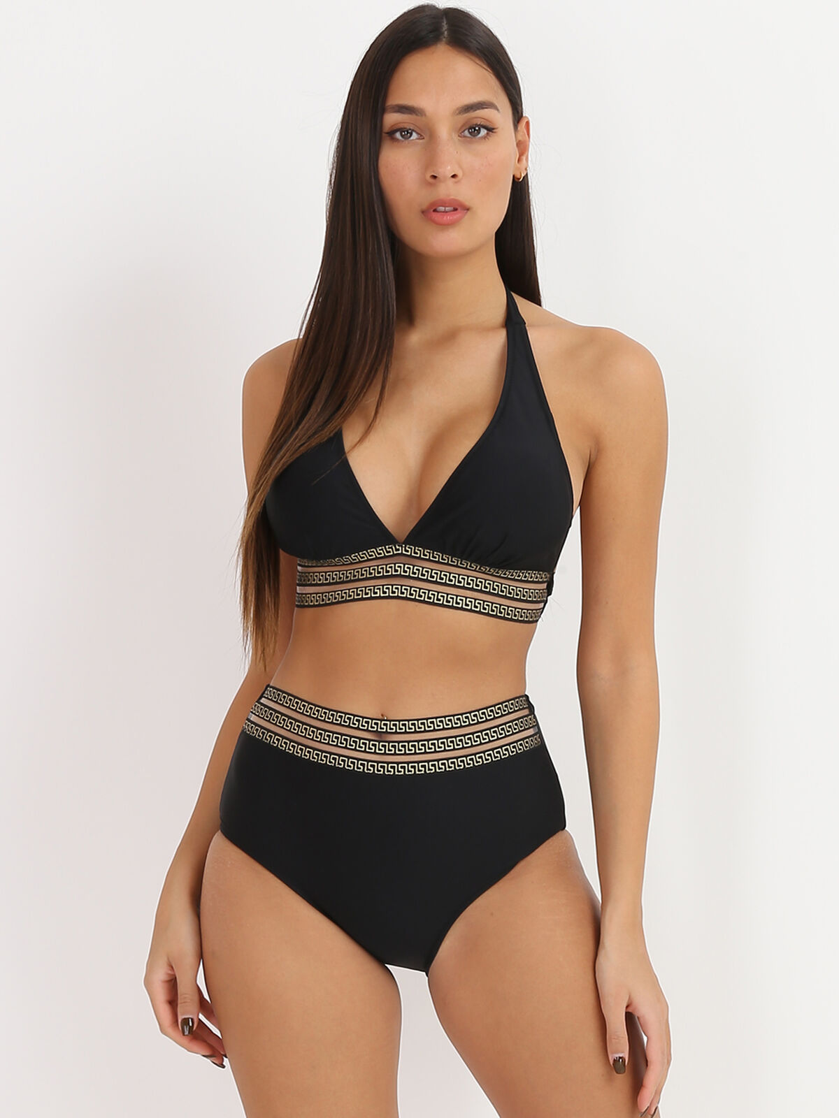 Bikini taille haute noir à motif Grecque Noir- Noir