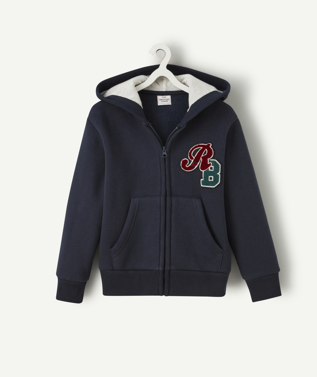 GILET ZIPPÉ GARÇON BLEU MARINE AVEC PATCH EN BOUCLETTES COLORÉ