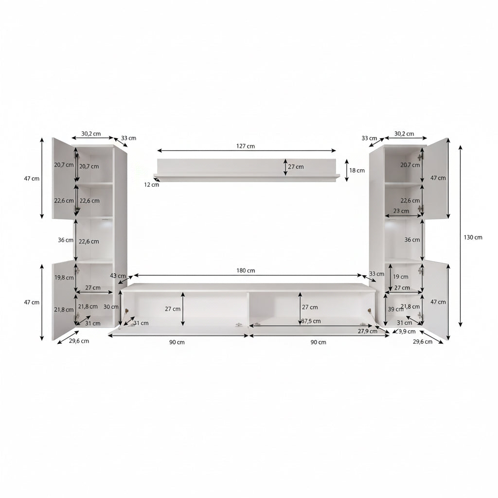 Pure XL - Wandmeubel - Wit - 180x33x130 cm