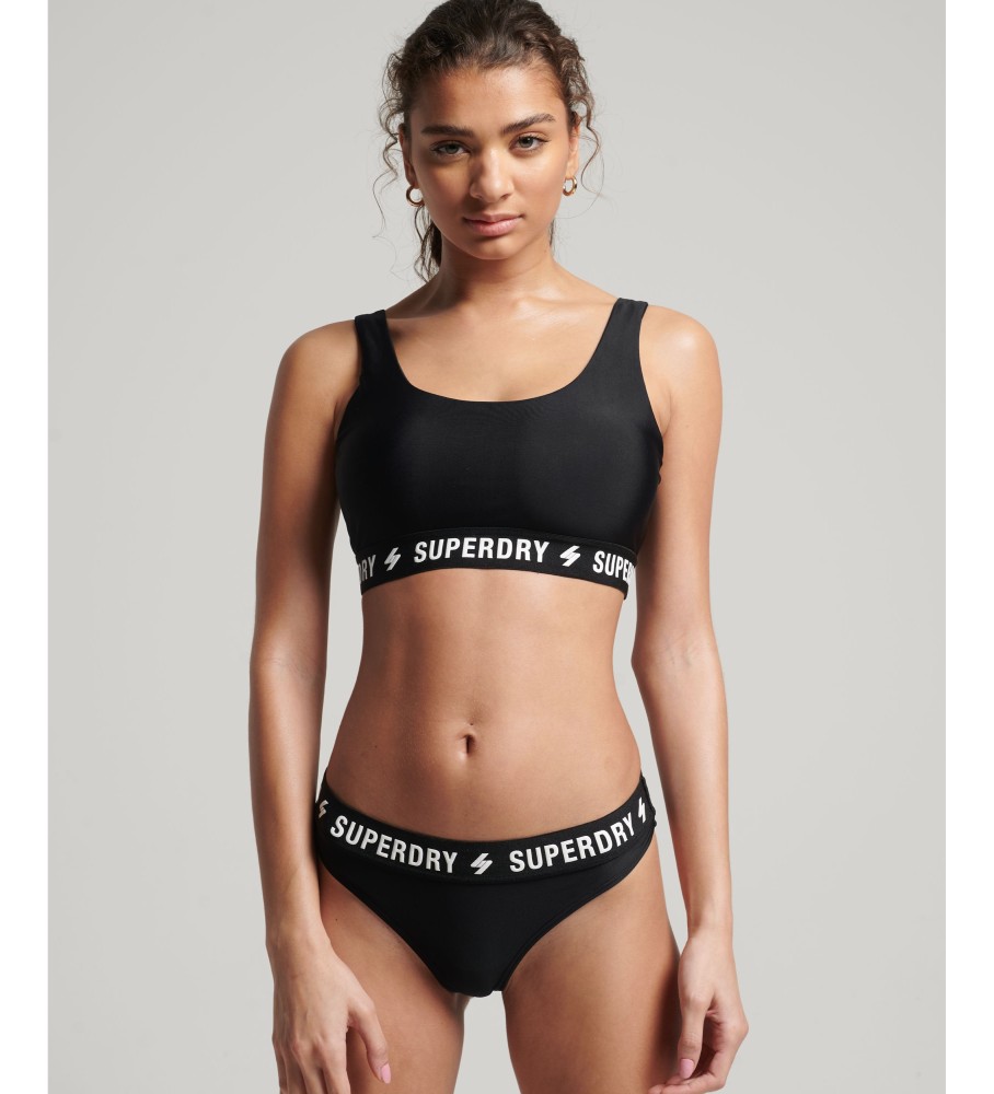 Calcinha de biquíni Superdry preta, feita com elástico reciclado.