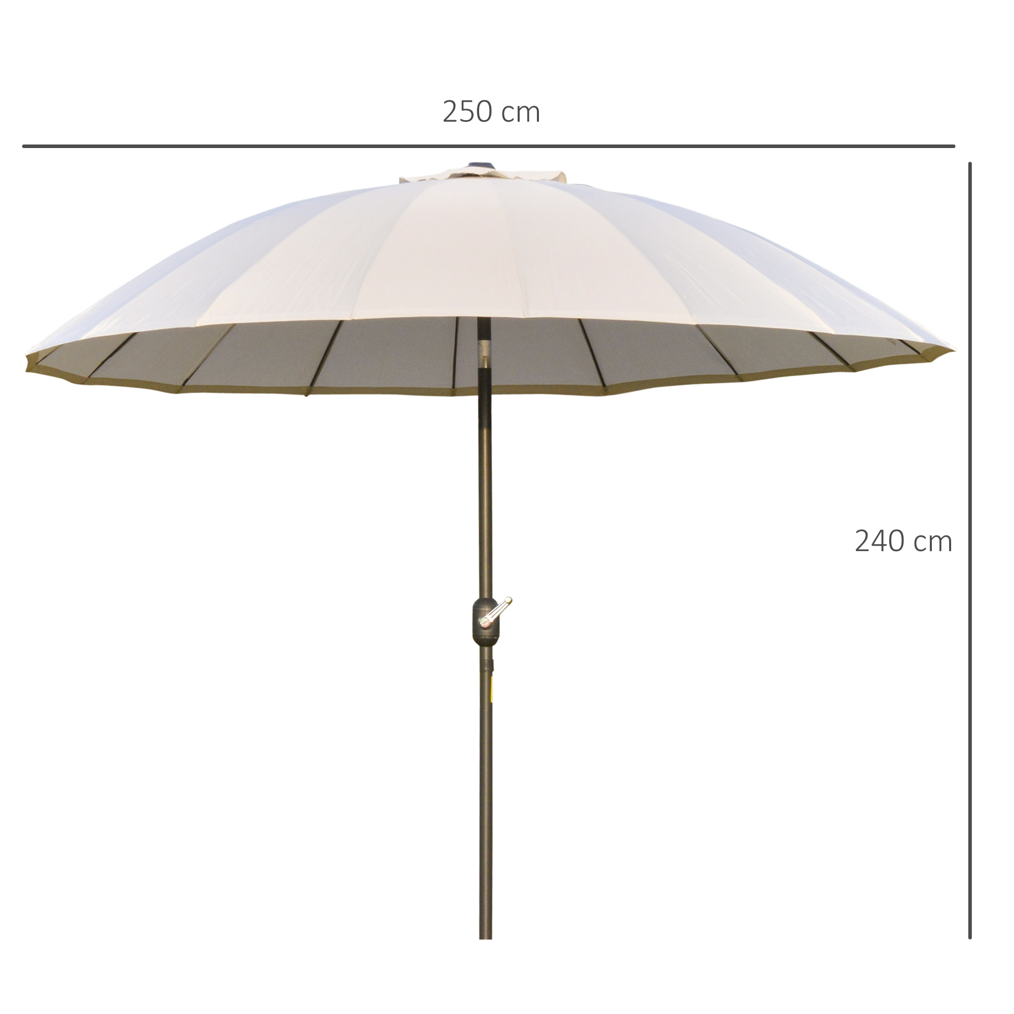 Guarda-sol de jardim Outsunny Ø250x240 cm com manivela, guarda-sol externo com mecanismo de inclinação e mastro de metal removível para terraço, piscina e pátio, cor creme.