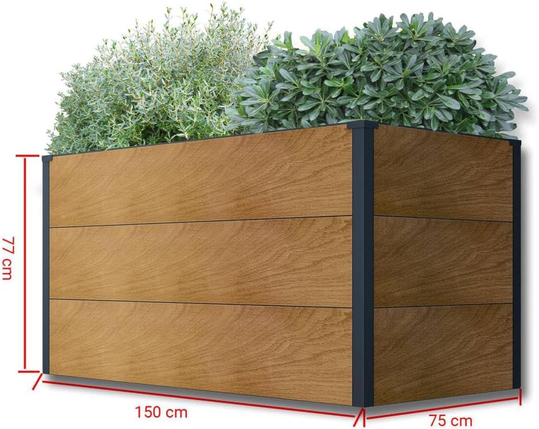 Metzler Hochbeet für den Garten – Stahl in Holzoptik & Anthrazit | Witterungsbeständiges Metall-Gartenbeet, Pflanzenbeet, Blumenhochbeet | 150 x 75 x 77 cm