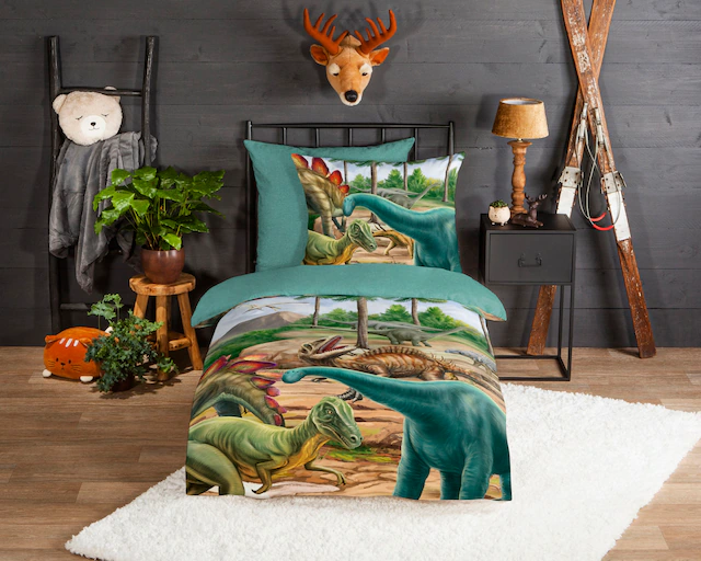 good morning Kinderbettwäsche »Prehistory Dinos« 2 Stk. tlg. Biber, 135x200, Weich, Warm, Reissverschluss, Wende, Kind, Junge, Dino
