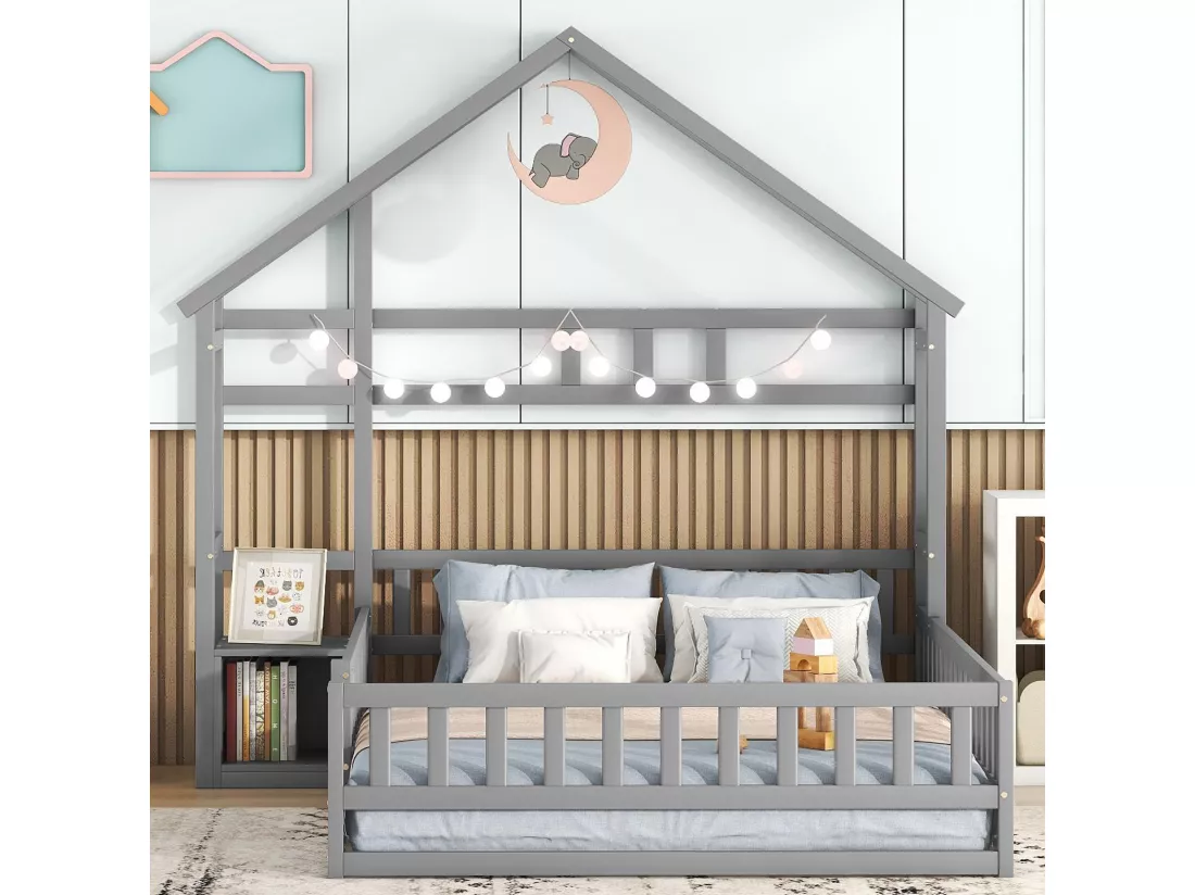 Lit d'enfant, 140 x 200 cm, lit plat, lit familial avec garde-corps, lit d'enfant avec tête de lit, gris