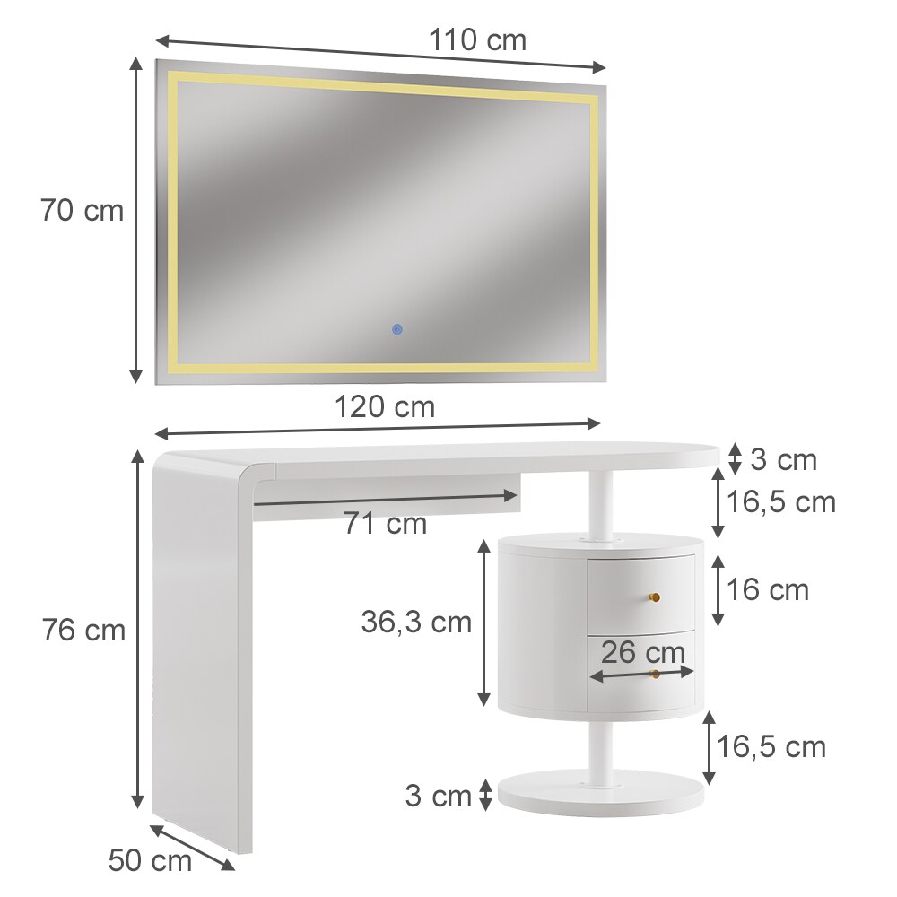 Vicco Schminktisch Lara Weiß Hochglanz 120 cm LED-Spiegel