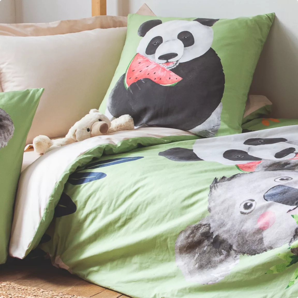 Housse de couette enfant percale de coton (200 x 200 cm) Panda Verte