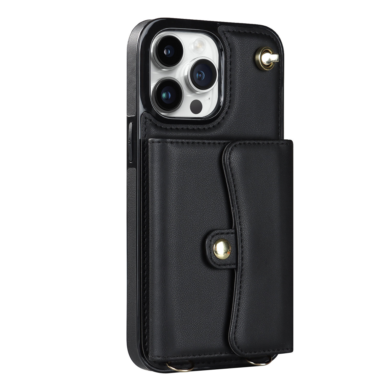 iPhone 14 Pro Max Necklace Leder Schutz Hülle mit Kartenfach   Handykette (140cm) - Schwarz