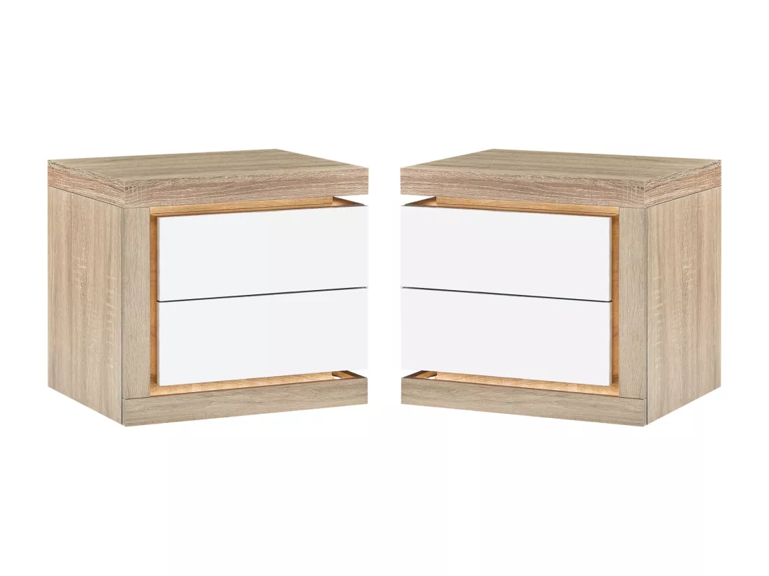 Lot de 2 table de chevet avec 2 tiroirs - Avec LEDs - Blanc laqué et naturel - FLARANCIA