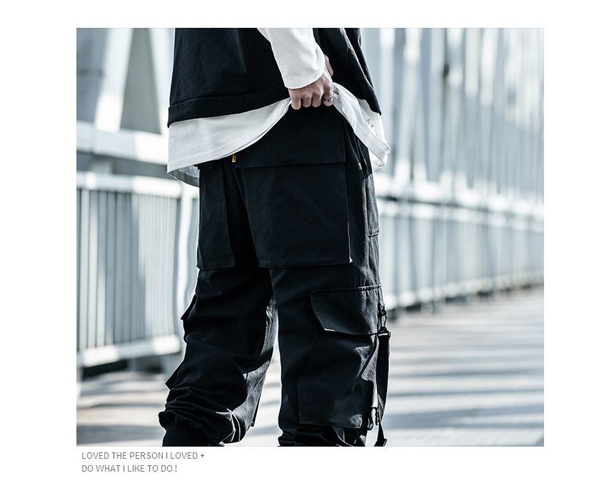 GRAYCIOUS - Mid Rise Cross Straps Buckled Cargo Baggy Pants