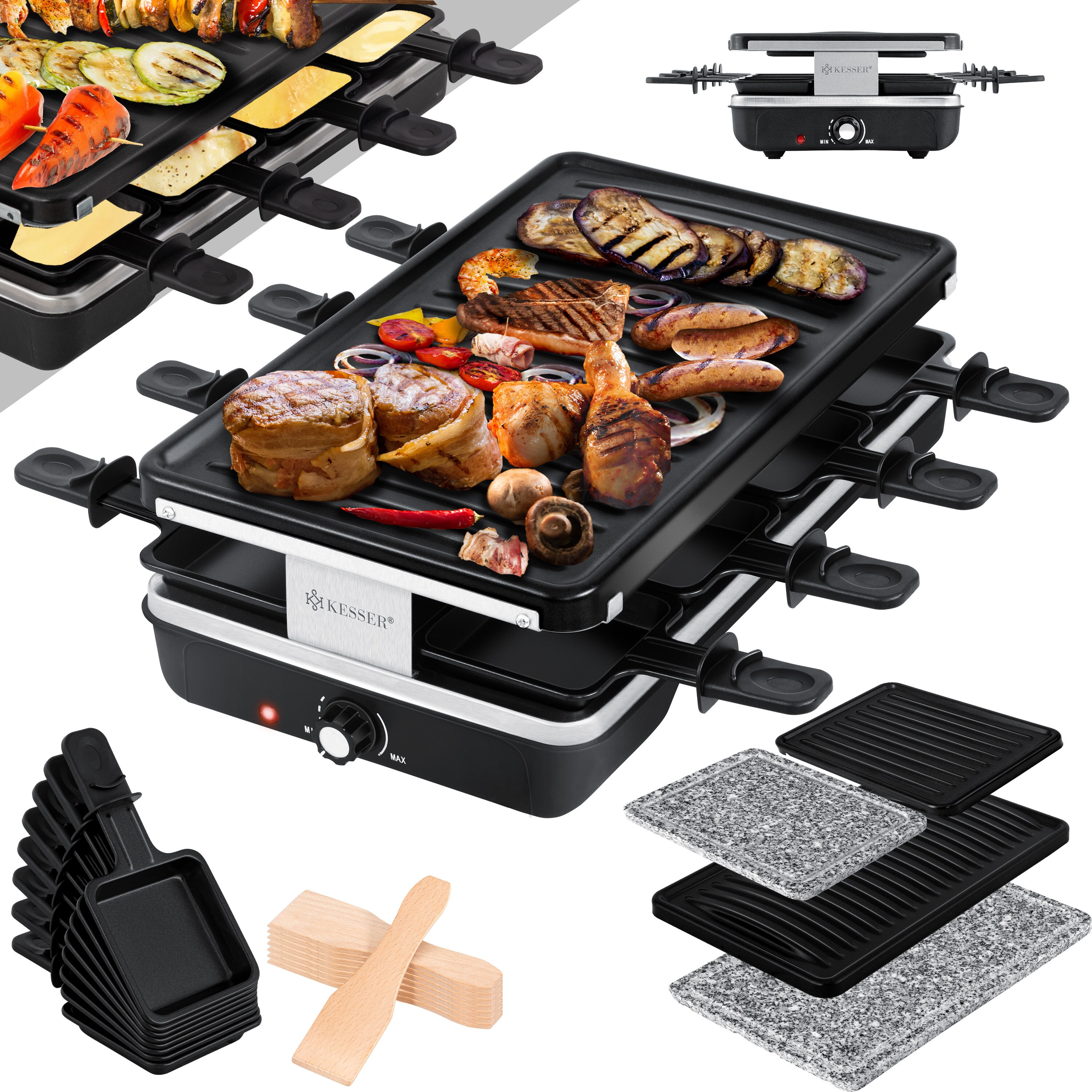 KESSER® Raclette-Grill mit Naturgrillstein, Grillplatte Tischgrill für 8 Personen, Elektrogrill Raclette Grill antihaftbeschichteter Grillplatte, 8 Pfannen und Holzspatel 1200W