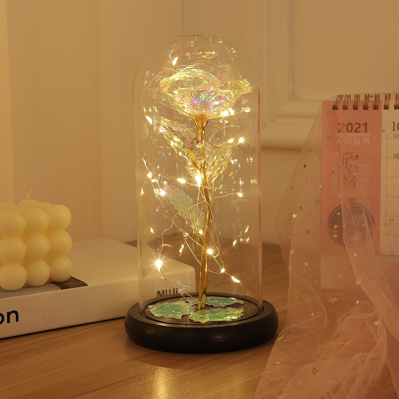 15 LED's Deko Kunstrose in Glaskuppel mit Lichterkette Irisierende Rosen Beleuchtung (Batteriebetrieben) - Warmweiss