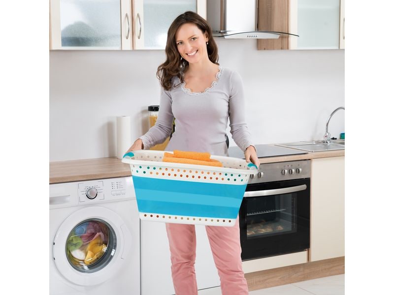 relaxdays Wäschekorb  37 l, Blau/Weiss Faltbarer Wäschekorb