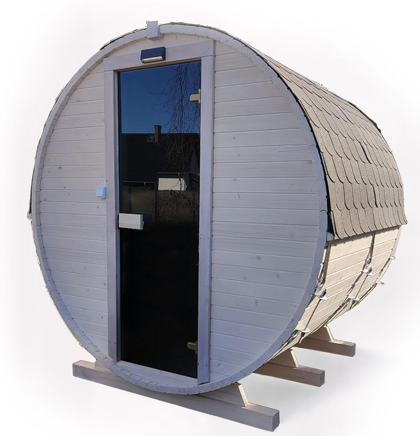 Gartensauna Fasssauna aus Holz für 4 Personen, Rund | Mit LED-Beleuchtung Außensauna für Garten & Terrasse (‎Dachfarbe: Braun, Weiß)