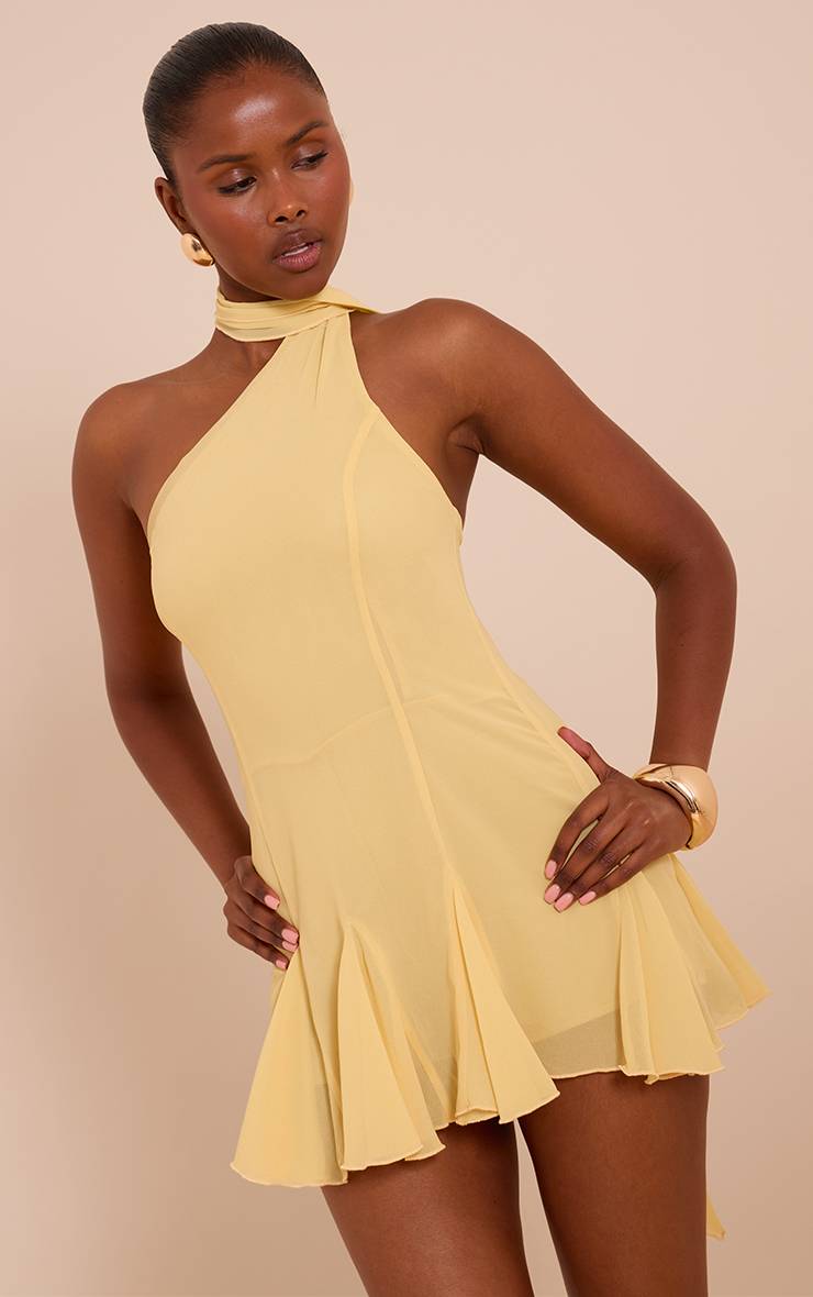 Jaune Combinaison-short En Mousseline À Col Godets Avec Foulard