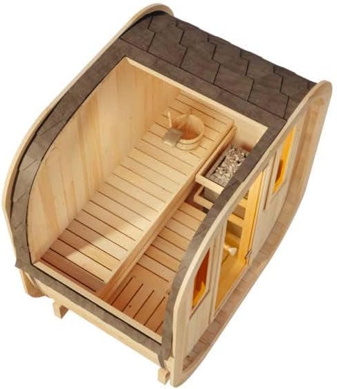 Fasssauna ScandiCube Mini XXS Fasssauna 1 Sitzbänke aus Holz, Sauna mit 42 mm Wandstärke, Außensauna mit Montagematerial