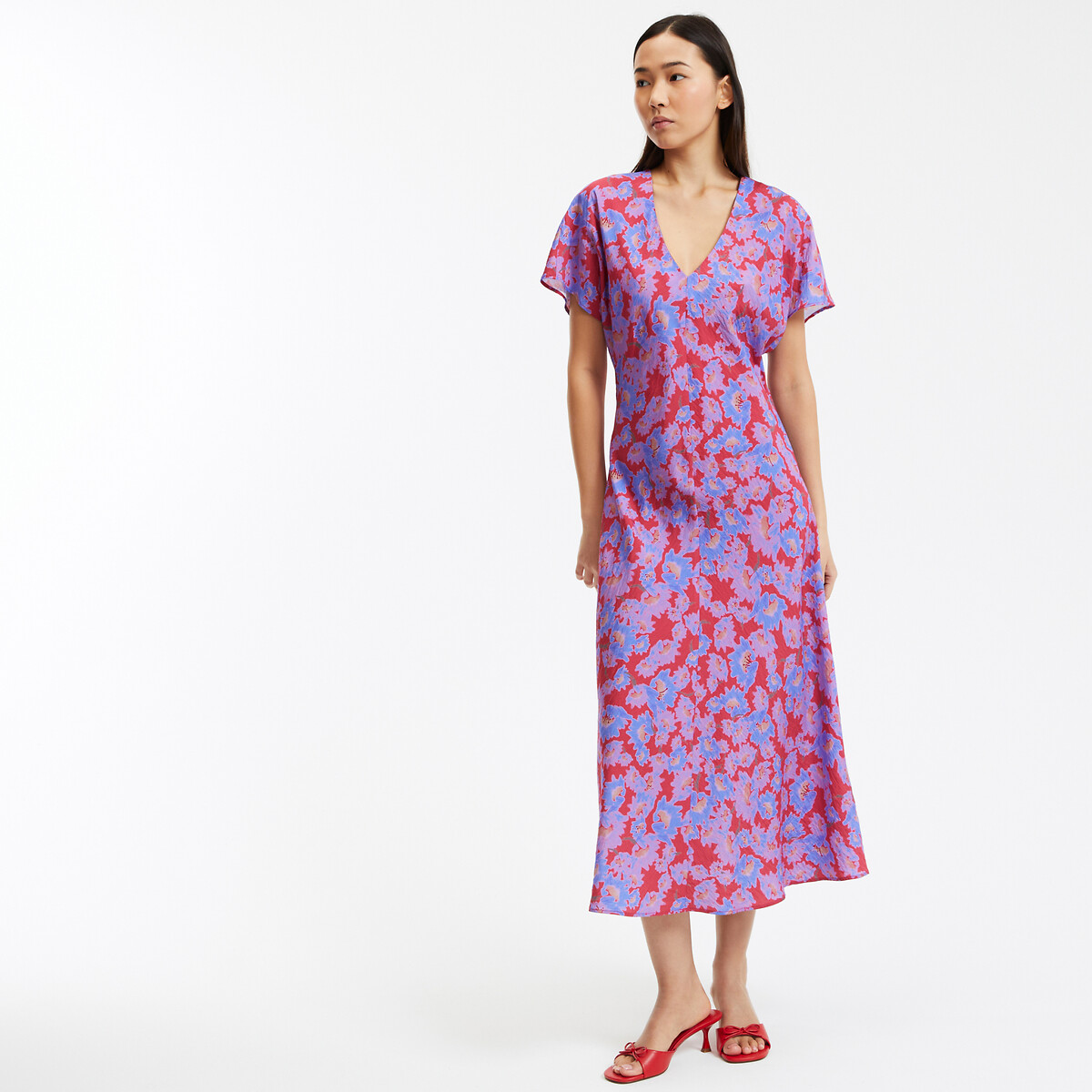 COLEÇÃO LA REDOUTE<br>Vestido maxi floral, decote em V, mangas curtas