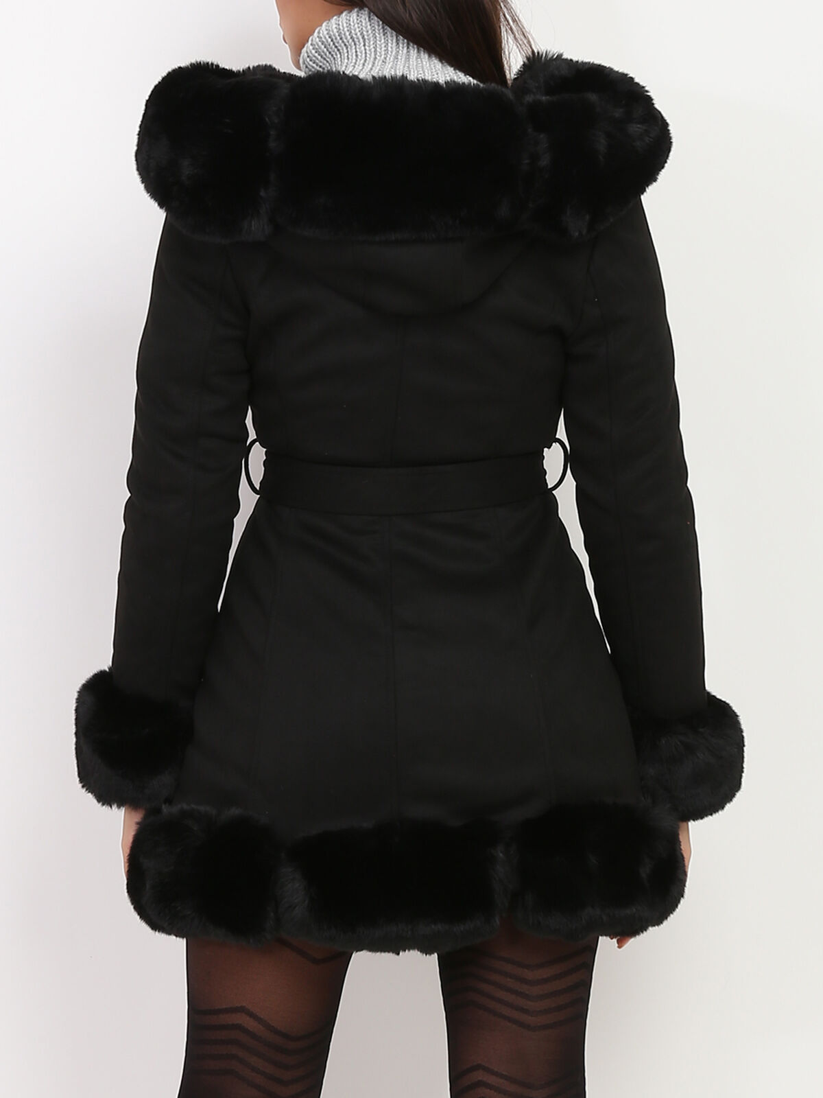 Manteau en suédine à fausse fourrure- Noir
