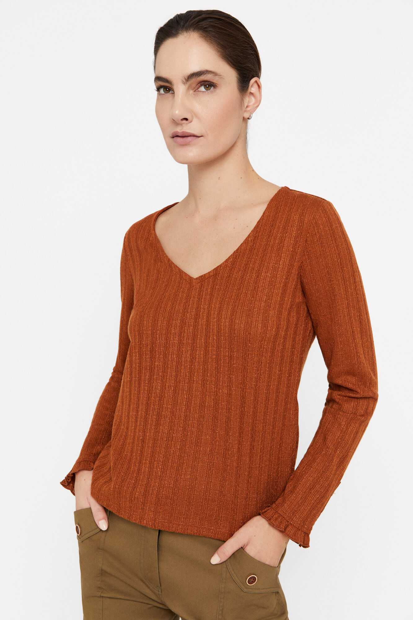 Blusa de malha com punhos franzidos - Cor Camel