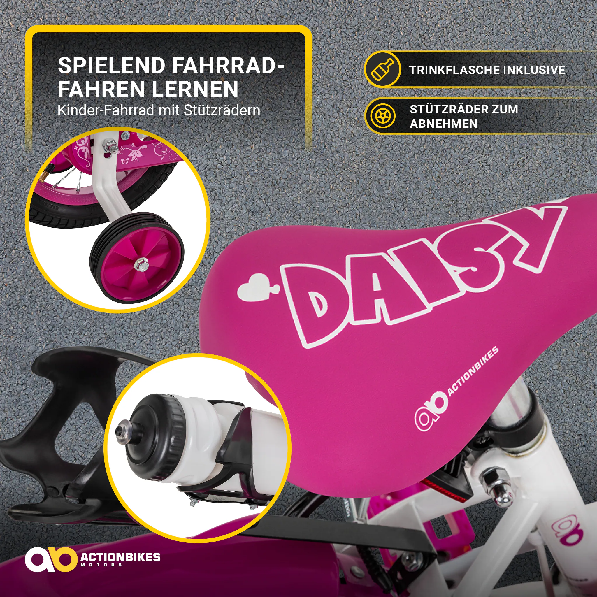 Actionbikes Kinderfahrrad Daisy 12 Zoll, pink, Stützräder, Korb, V-Brake-Bremsen, Antirutschgriffe (East)