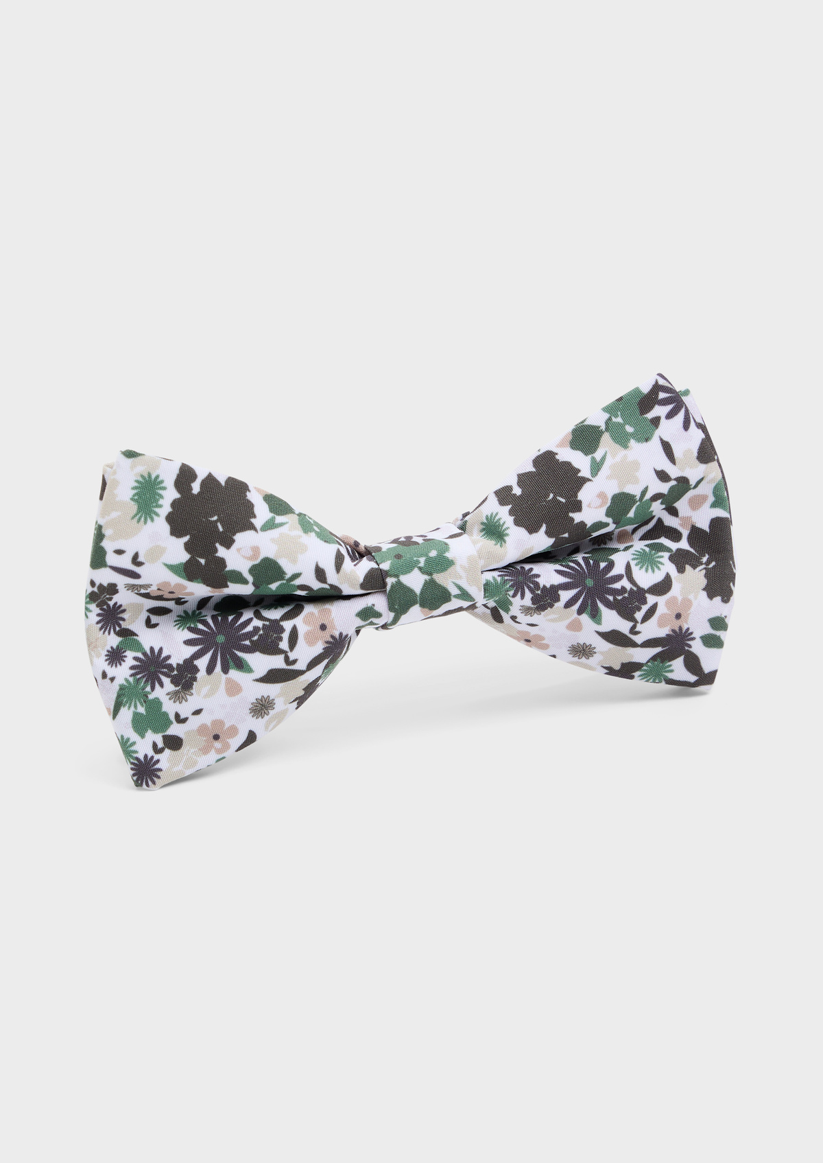 Noeud papillon blanc à motif fleuri kaki, vert, gris et beige