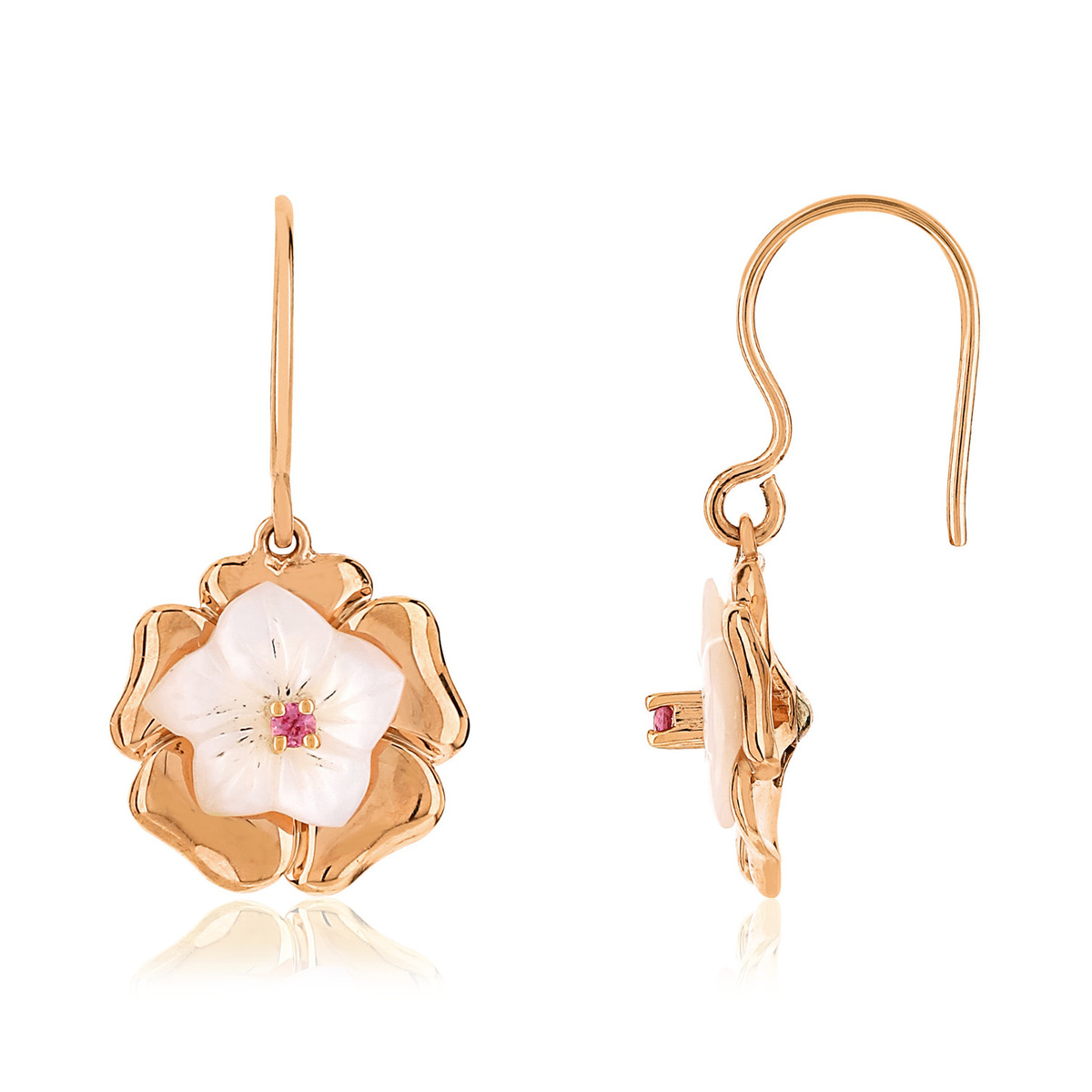 Boucles d'oreilles or rose 375 nacres, rhodolites